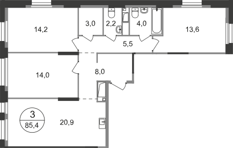 3 комн. квартира, 85.4 м², 3 этаж  (из 19)