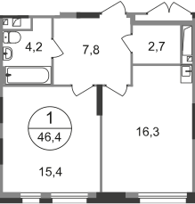 1 комн. квартира, 46.4 м², 11 этаж  (из 19)