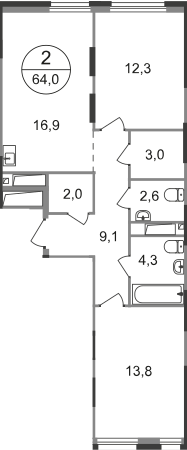 2 комн. квартира, 64 м², 13 этаж  (из 19)