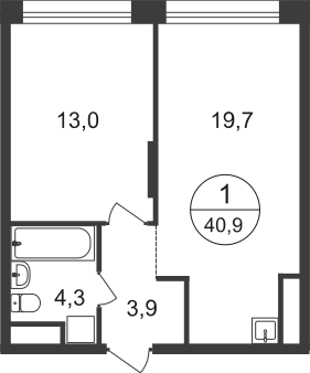 1 комн. квартира, 40.9 м², 20 этаж  (из 22)