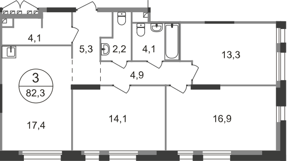 3 комн. квартира, 82.3 м², 11 этаж  (из 19)