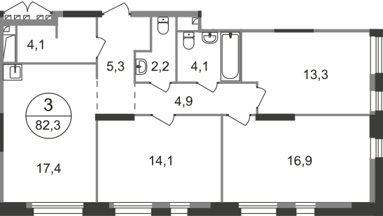 3 комн. квартира, 82.3 м², 14 этаж  (из 19)