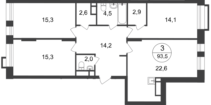 3 комн. квартира, 93.5 м², 18 этаж  (из 20)