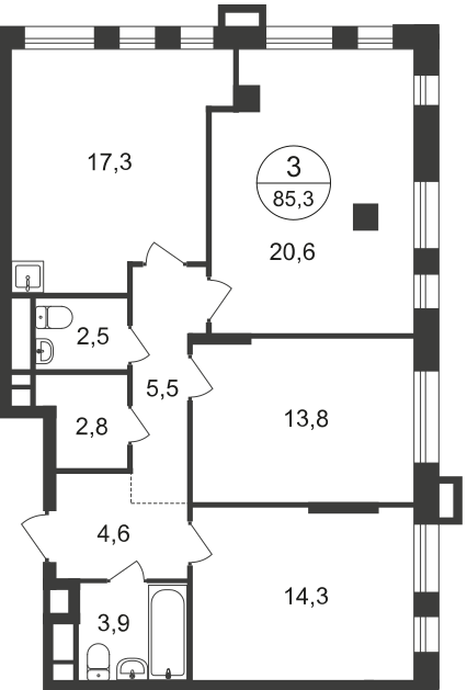 3 комн. квартира, 85.3 м², 15 этаж  (из 21)