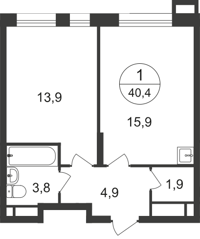 1 комн. квартира, 40.4 м², 18 этаж  (из 21)