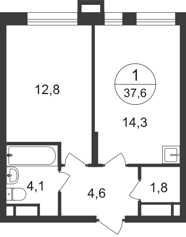1 комн. квартира, 37.6 м², 15 этаж  (из 21)