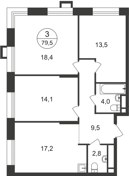 3 комн. квартира, 79.5 м², 20 этаж  (из 21)