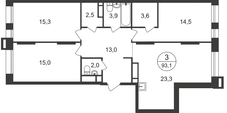 3 комн. квартира, 93.1 м², 15 этаж  (из 21)
