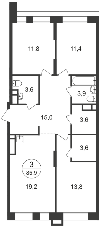 3 комн. квартира, 85.9 м², 8 этаж  (из 21)