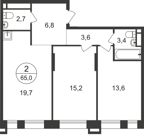 2 комн. квартира, 65 м², 15 этаж  (из 21)