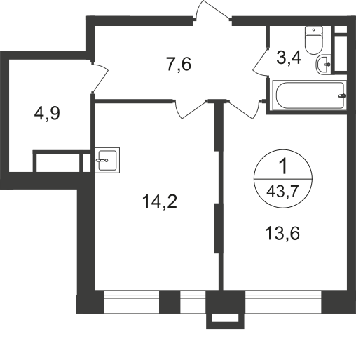 1 комн. квартира, 43.7 м², 12 этаж  (из 21)
