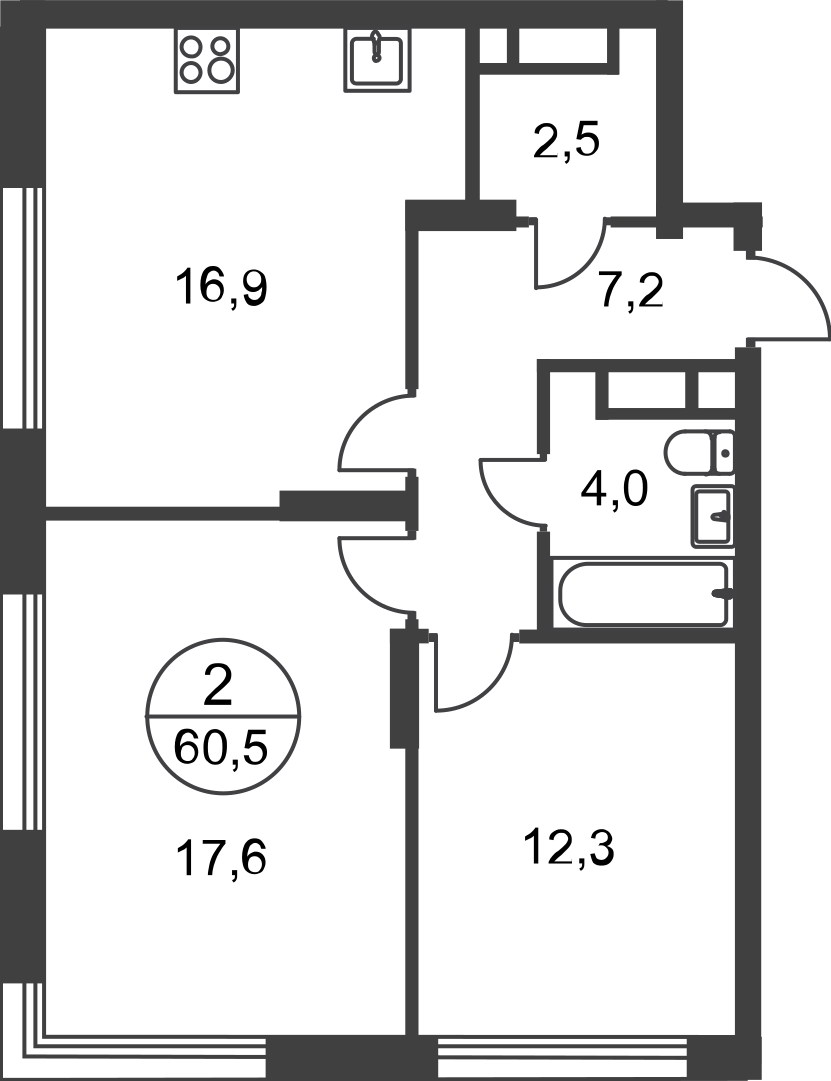 2 комн. квартира, 60.5 м², 17 этаж  (из 17)