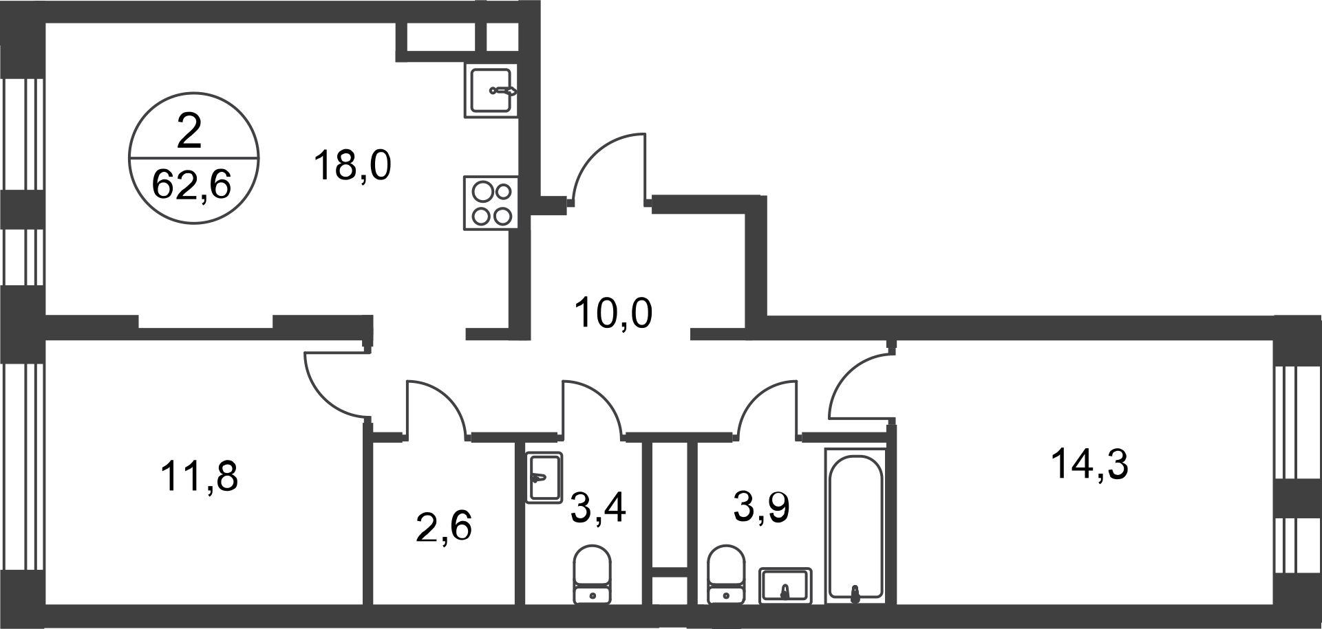 2 комн. квартира, 62.6 м², 2 этаж  (из 17)