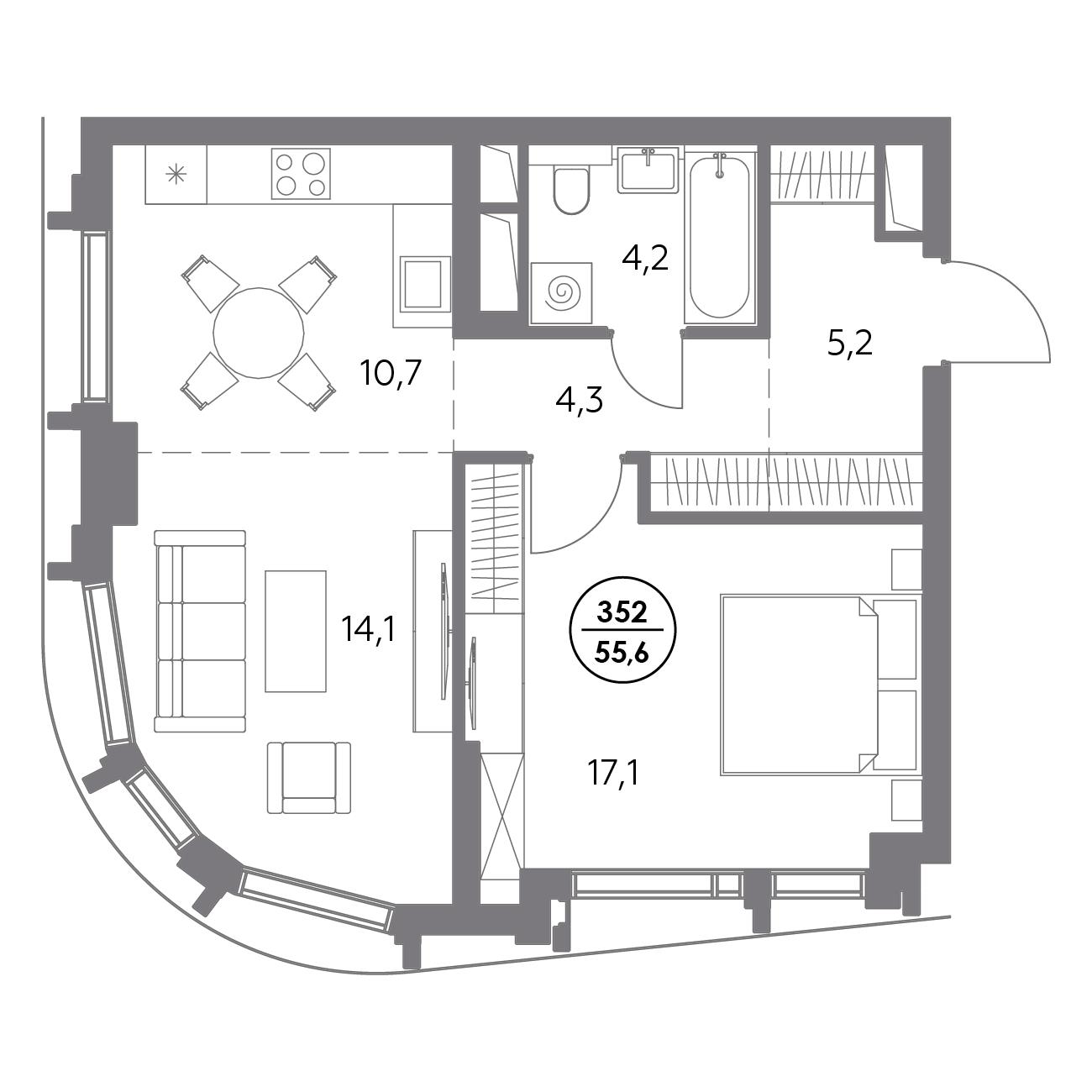 1 комн. квартира, 55.6 м², 25 этаж 