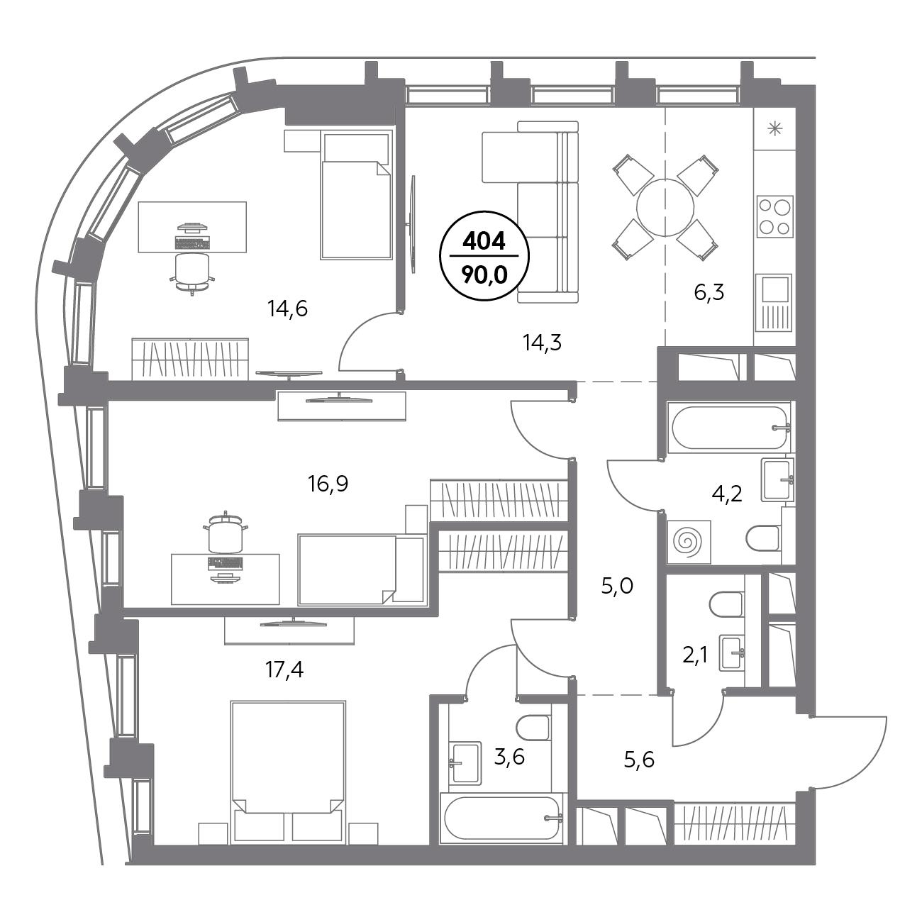 3 комн. квартира, 90 м², 6 этаж 