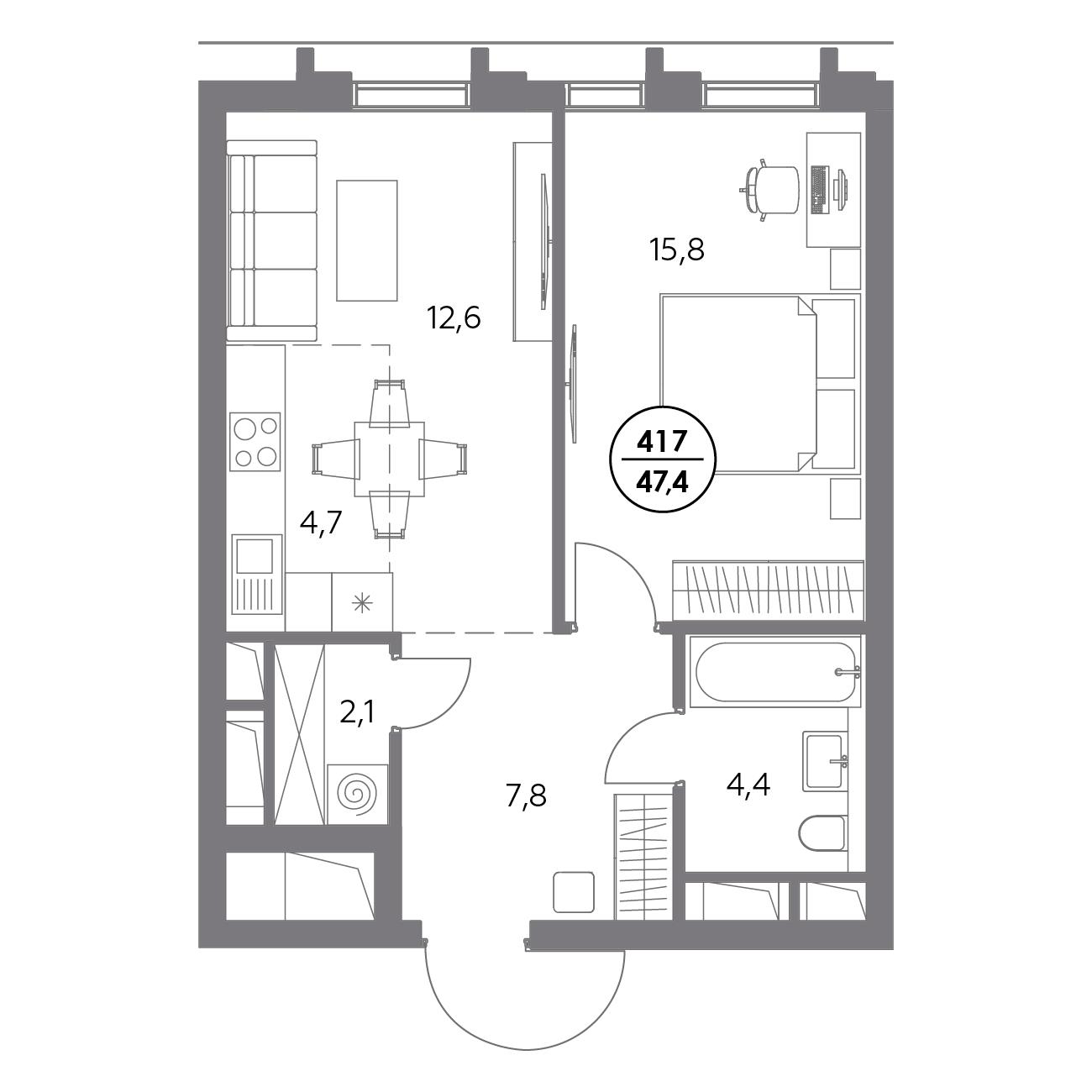 1 комн. квартира, 47.4 м², 8 этаж 
