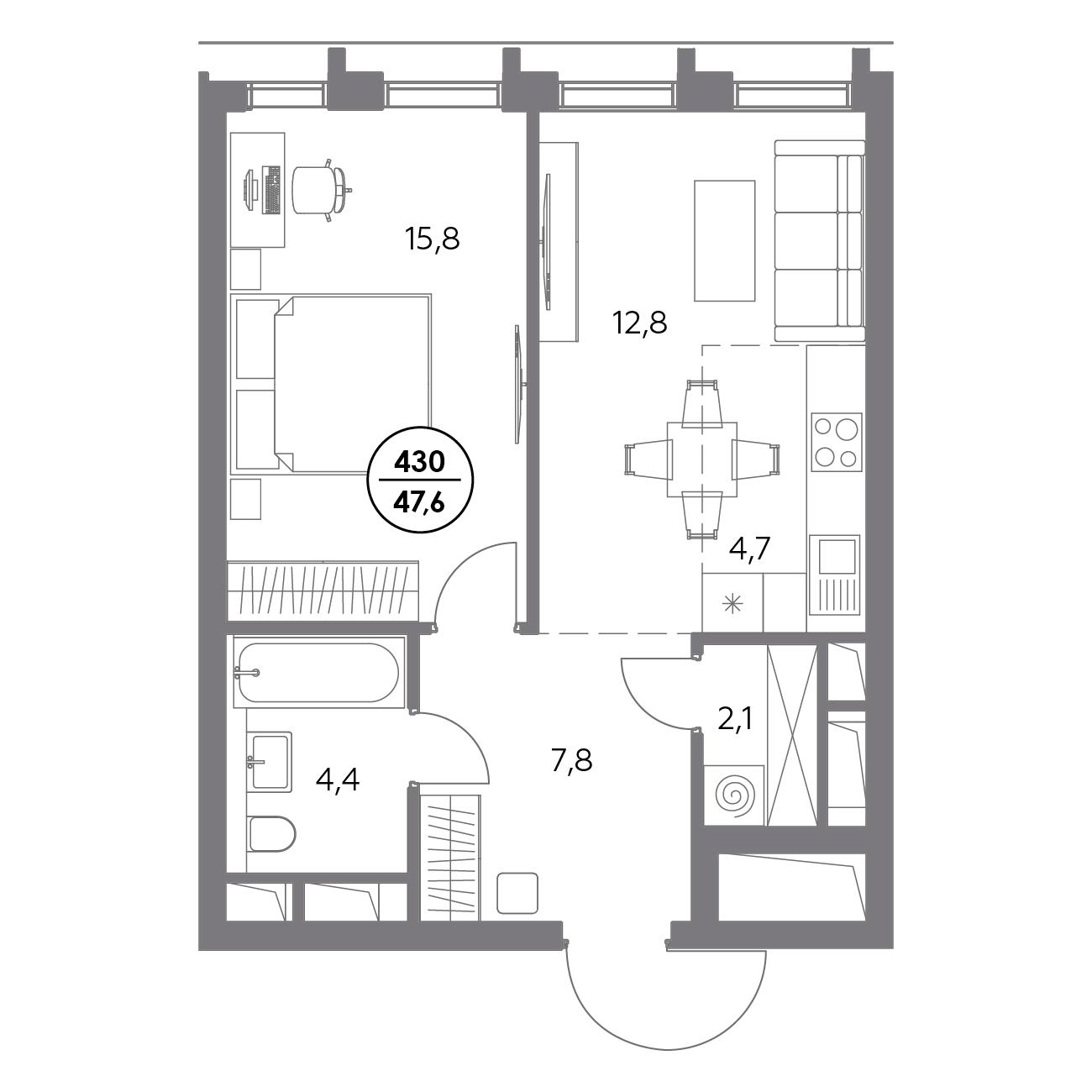 1 комн. квартира, 47.6 м², 10 этаж 