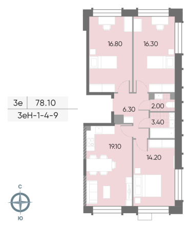 3 комн. квартира, 78.1 м², 5 этаж 