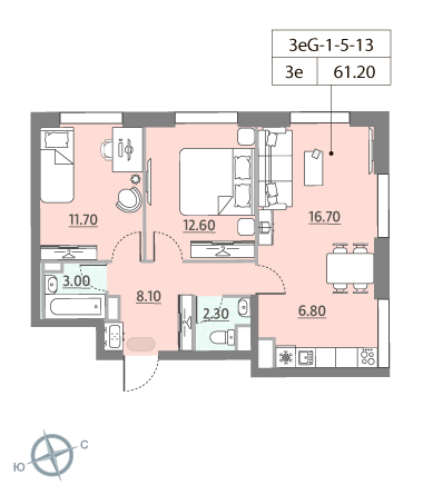 2 комн. квартира, 61.1 м², 13 этаж 