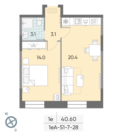 1 комн. квартира, 40.6 м², 8 этаж 