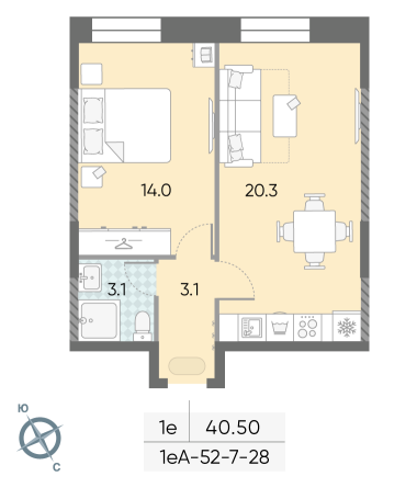 1 комн. квартира, 40.5 м², 14 этаж 