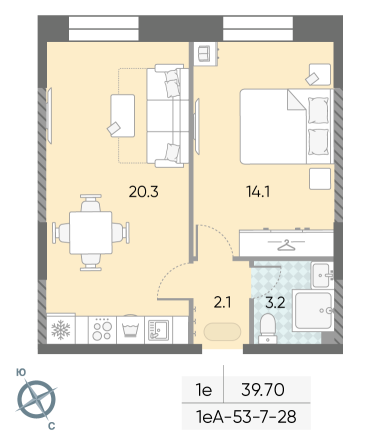 1 комн. квартира, 39.7 м², 8 этаж 