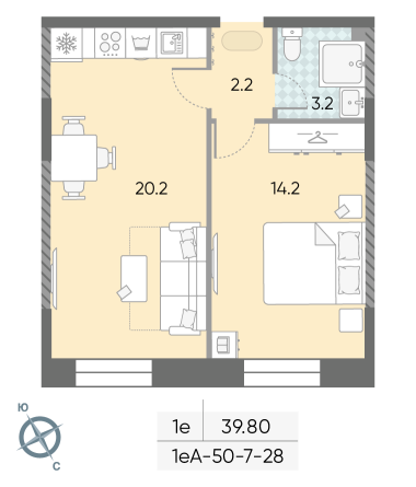 1 комн. квартира, 39.8 м², 16 этаж 