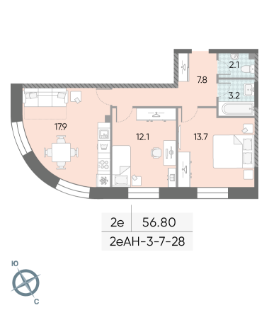 2 комн. квартира, 56.8 м², 8 этаж 