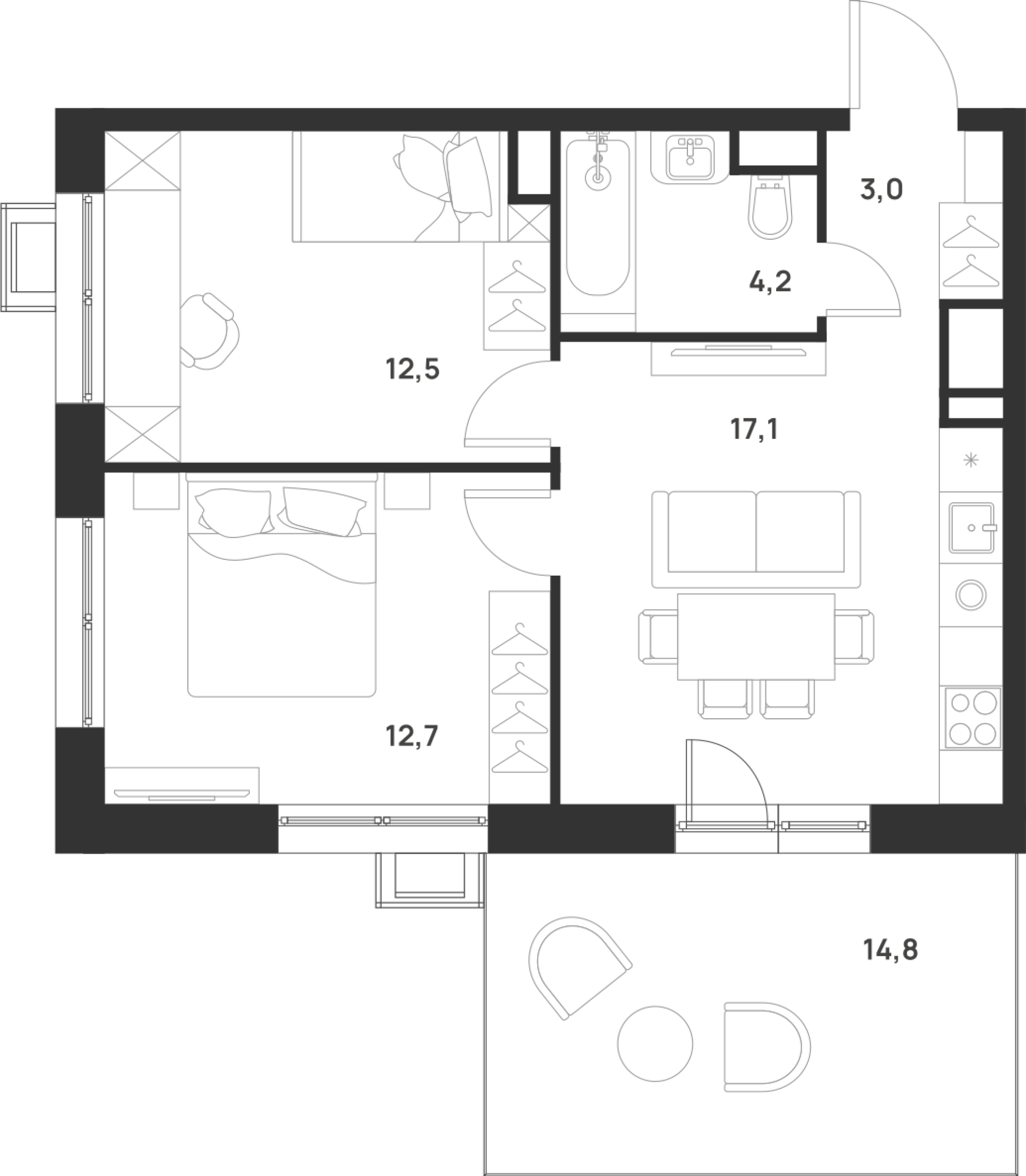 2 комн. квартира, 53.9 м², 2 этаж 