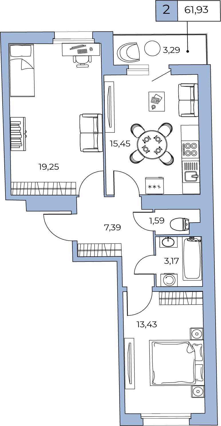 2 комн. квартира, 61.4 м², 24 этаж 