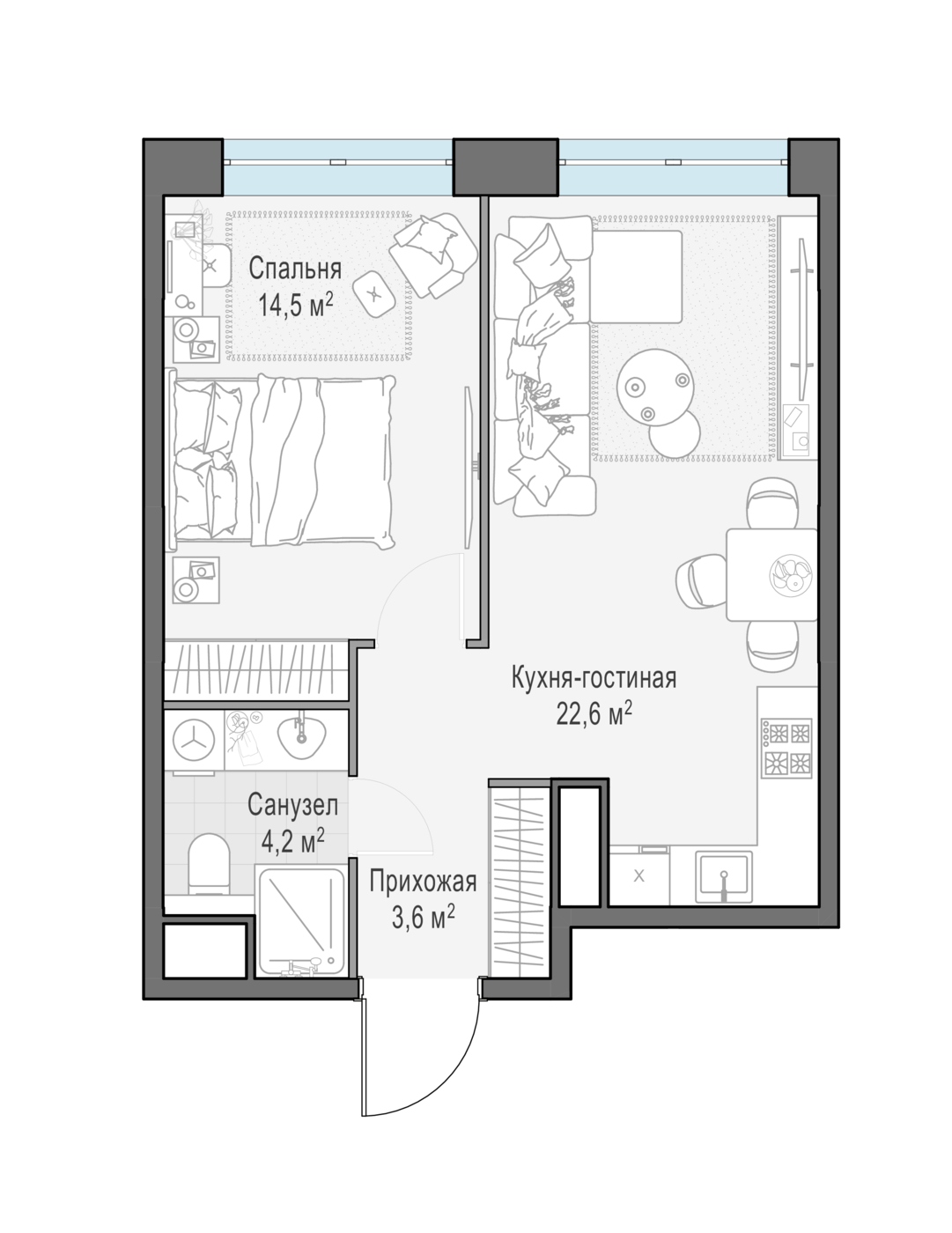 1 комн. квартира, 45.1 м², 11 этаж 