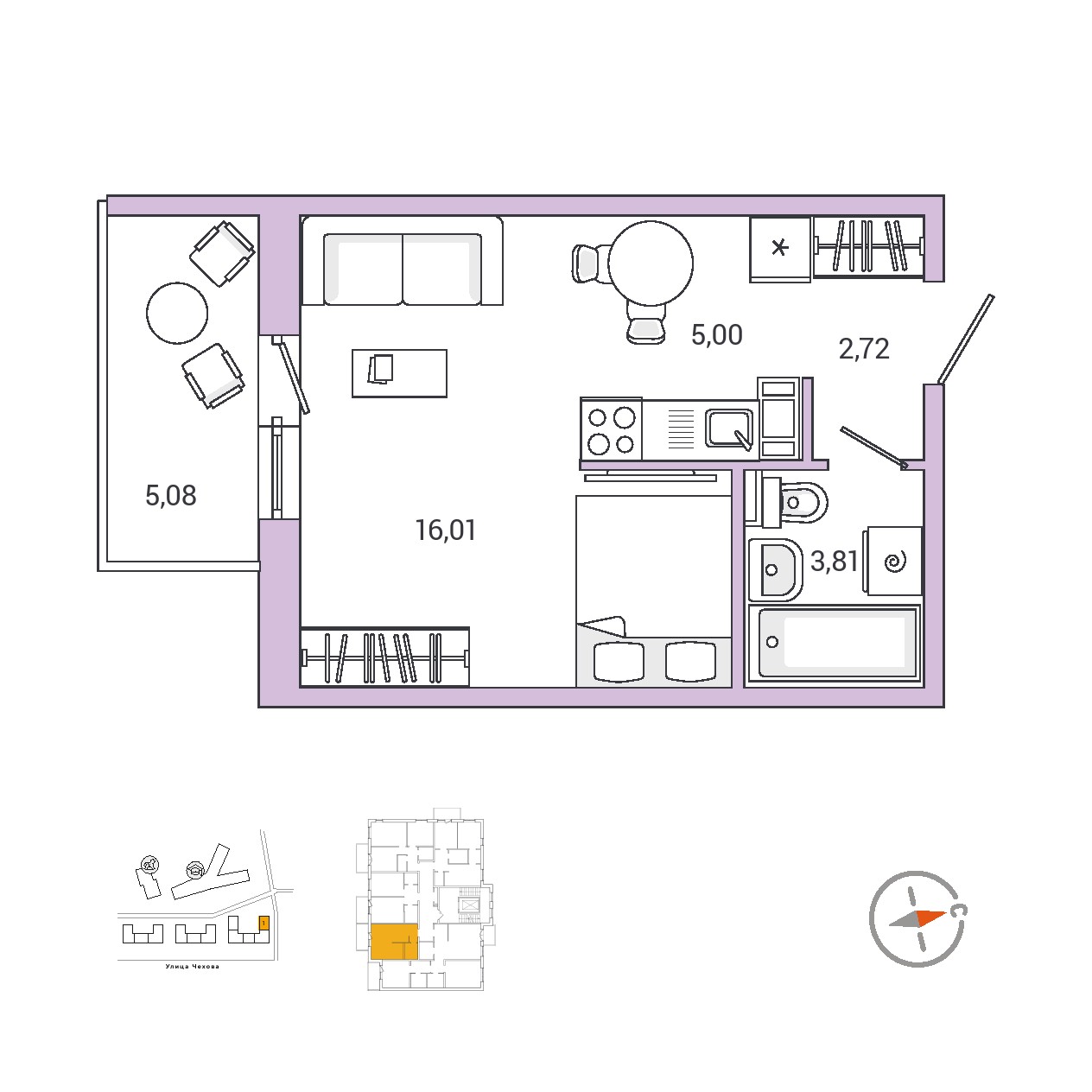 1 комн. квартира, 29.2 м², 4 этаж 
