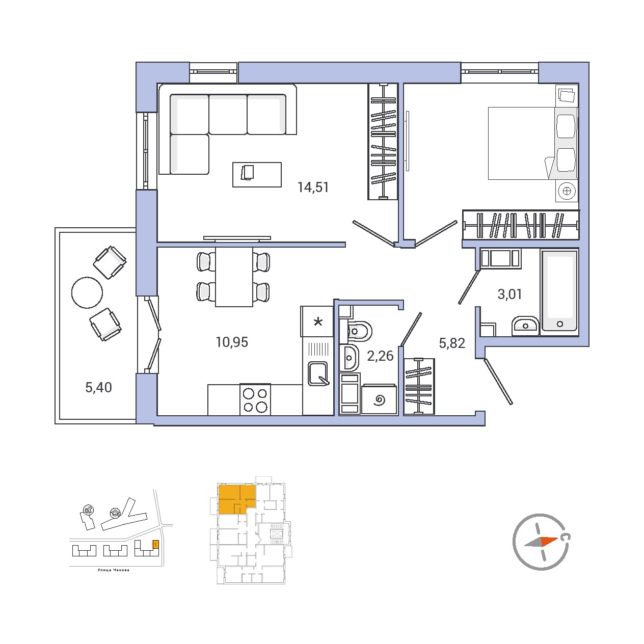2 комн. квартира, 49 м², 3 этаж 