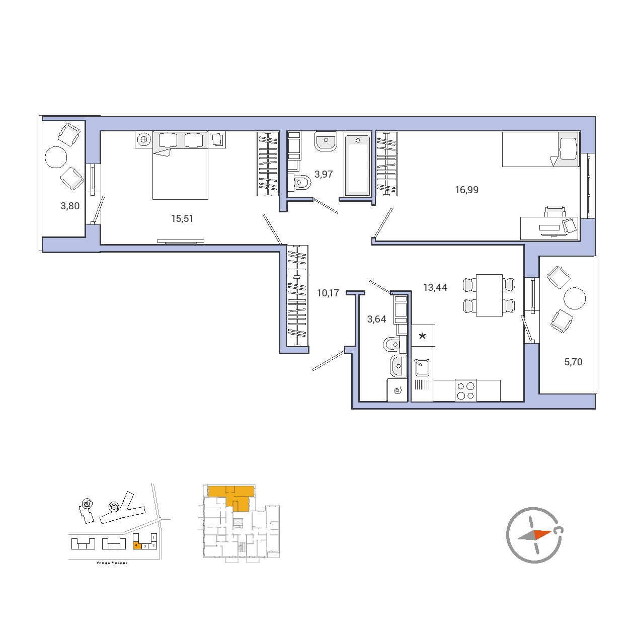 2 комн. квартира, 68.9 м², 2 этаж 