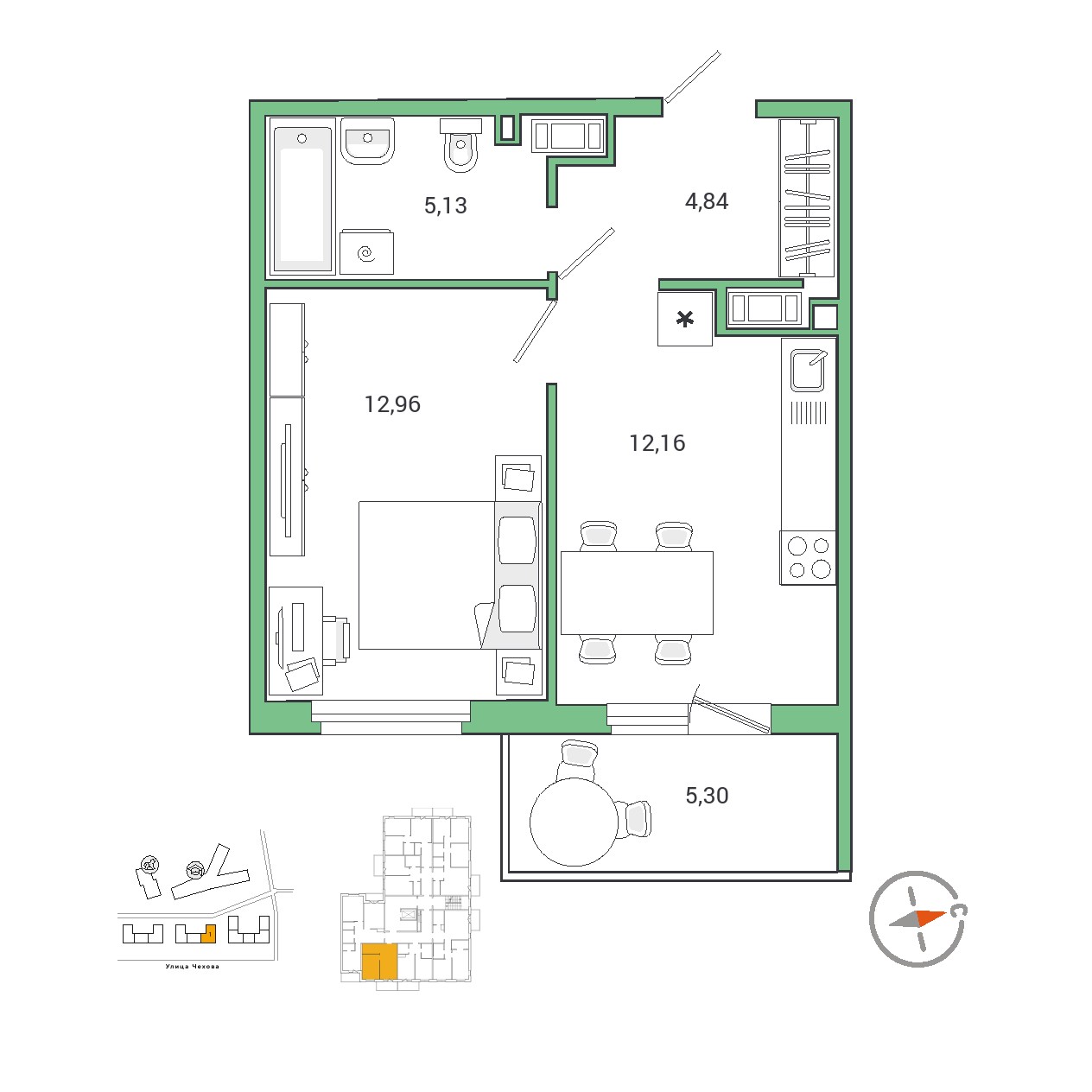 1 комн. квартира, 36.8 м², 5 этаж 