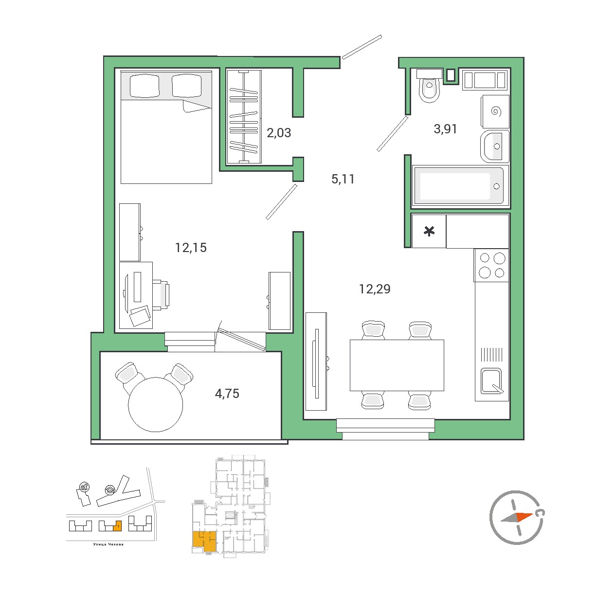 1 комн. квартира, 38.1 м², 1 этаж 