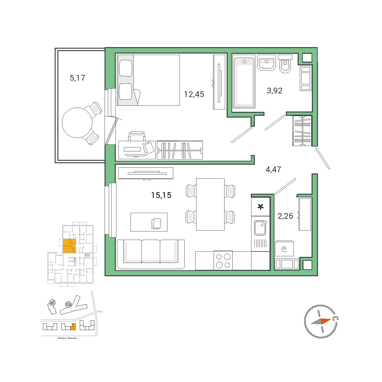 1 комн. квартира, 39.9 м², 2 этаж 
