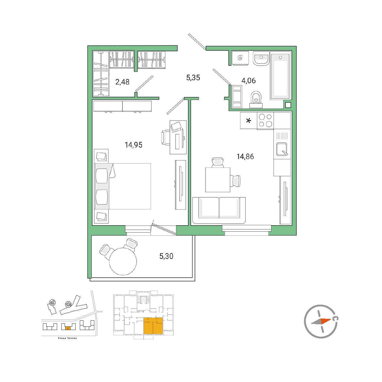 1 комн. квартира, 43.4 м², 4 этаж 