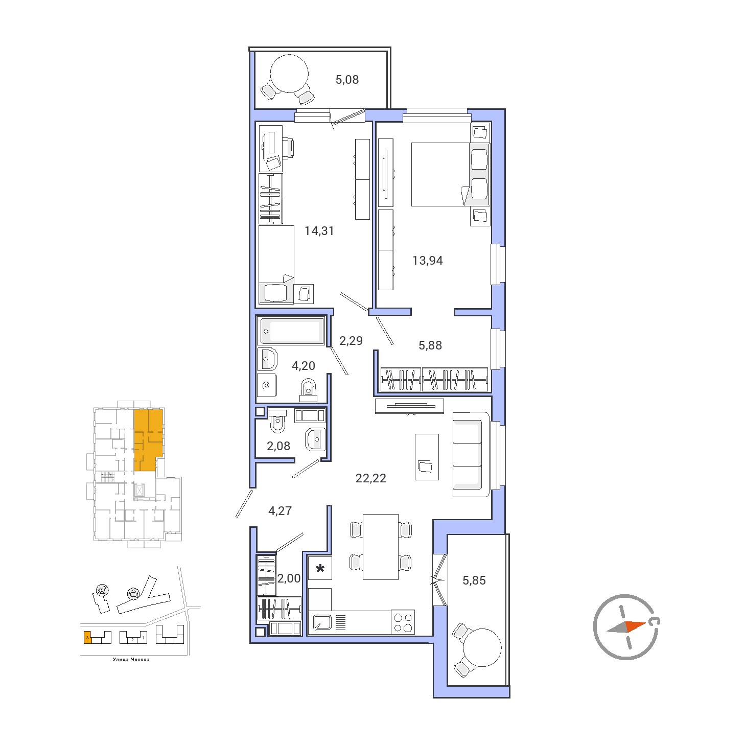 3 комн. квартира, 75.9 м², 5 этаж 