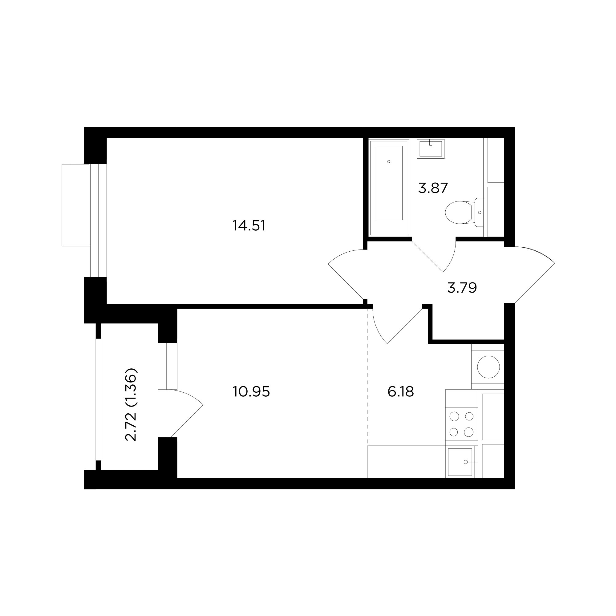 2 комн. квартира, 40.8 м², 24 этаж 