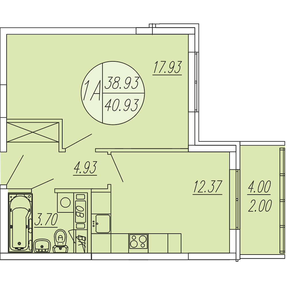 1 комн. квартира, 40.9 м², 4 этаж 