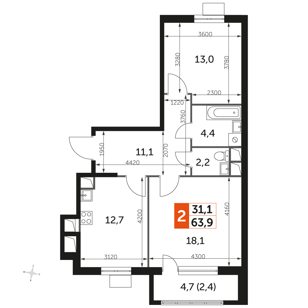 2 комн. квартира, 63.8 м², 8 этаж 