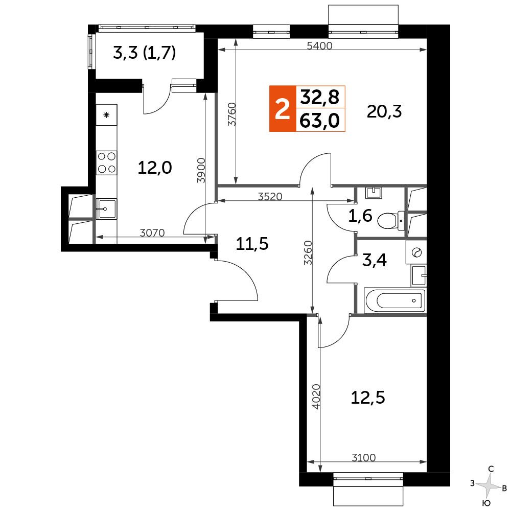 2 комн. квартира, 63 м², 2 этаж 