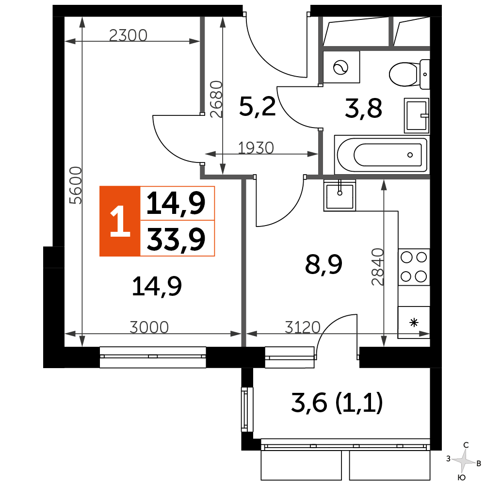 1 комн. квартира, 33.9 м², 2 этаж 