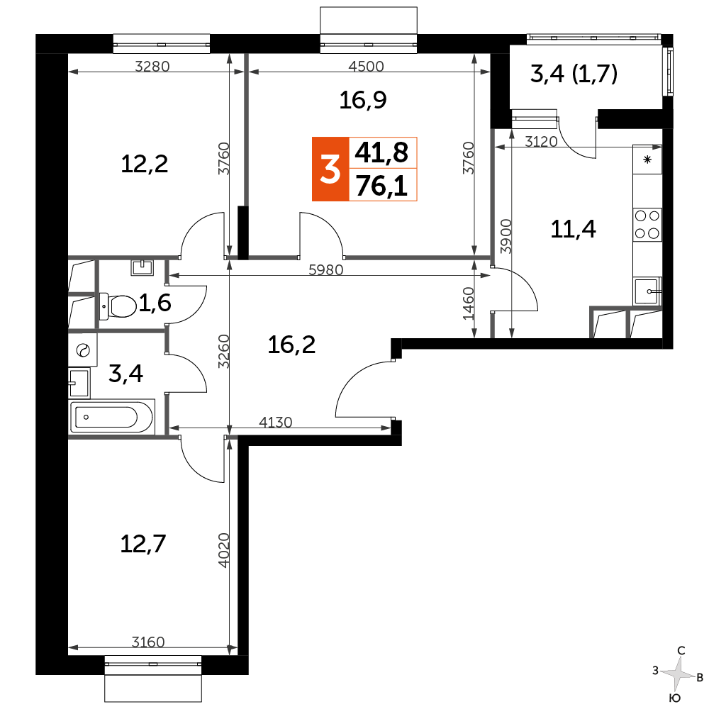 3 комн. квартира, 76.1 м², 2 этаж 