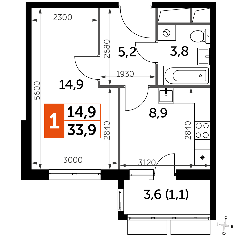 1 комн. квартира, 33.9 м², 3 этаж 