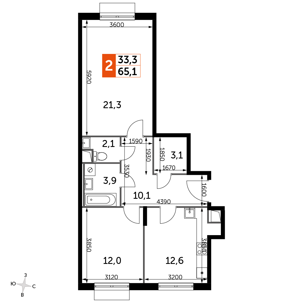 2 комн. квартира, 65.1 м², 1 этаж 