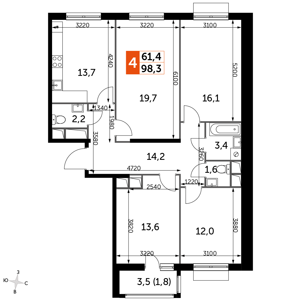 4 комн. квартира, 98.3 м², 12 этаж 