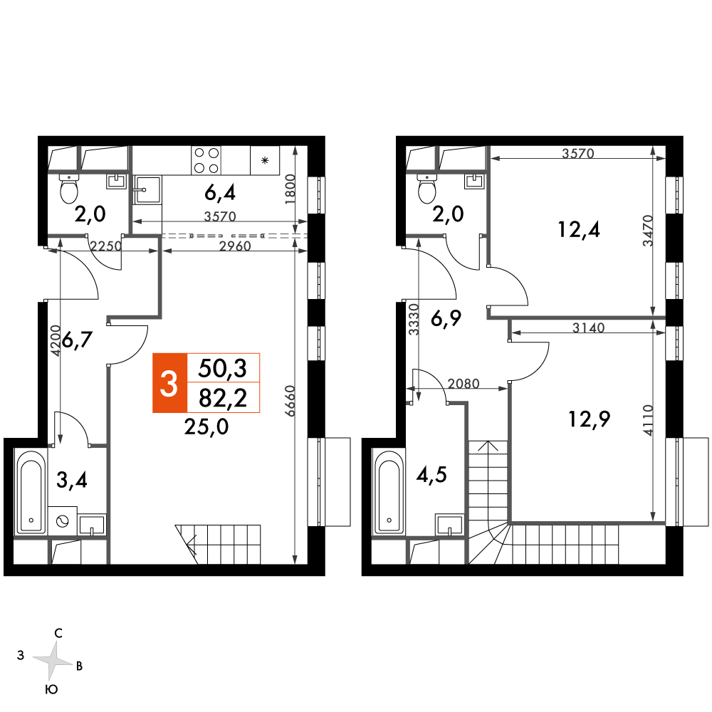 3 комн. квартира, 82.2 м², 15 этаж 