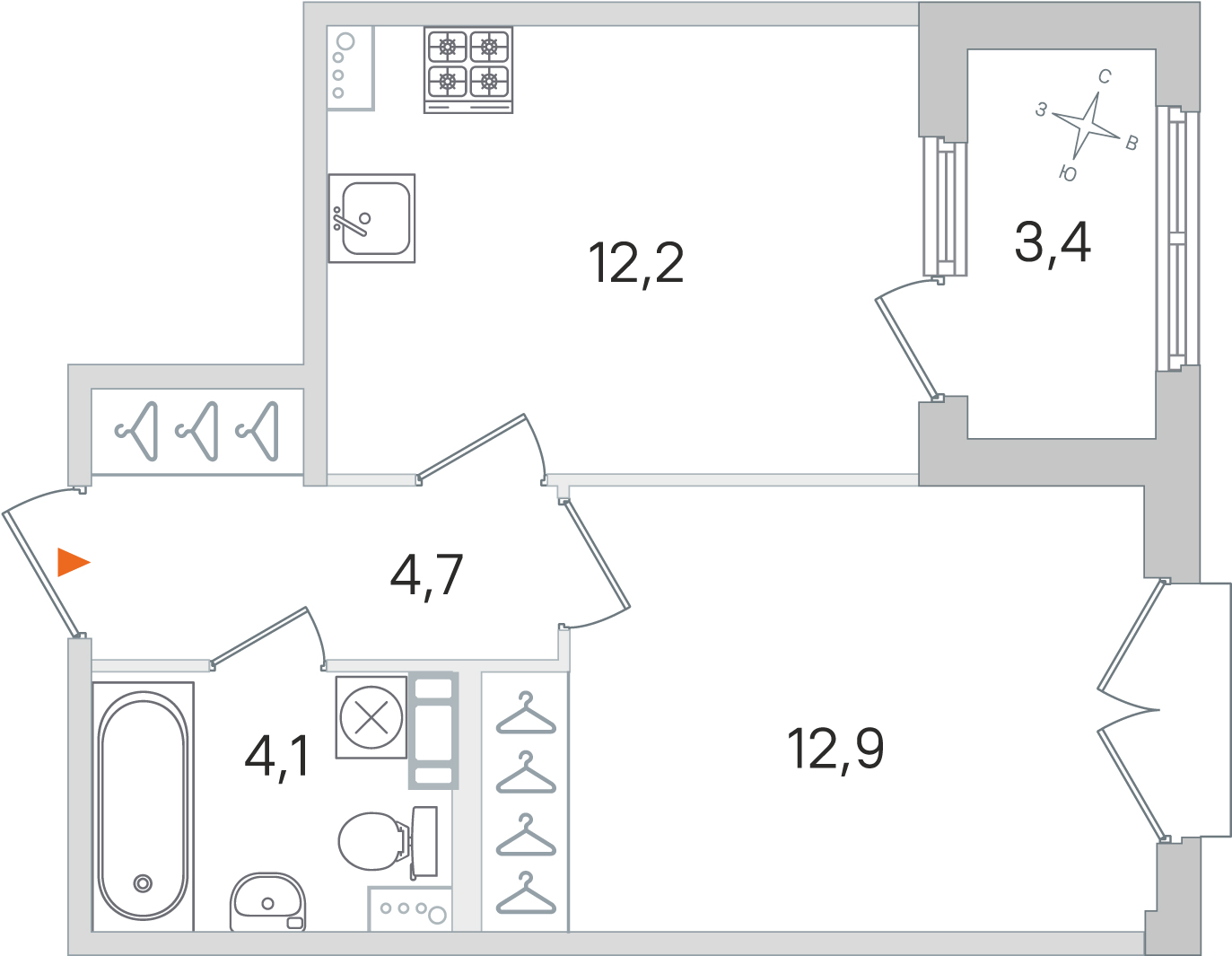 1 комн. квартира, 33.9 м², 4 этаж 